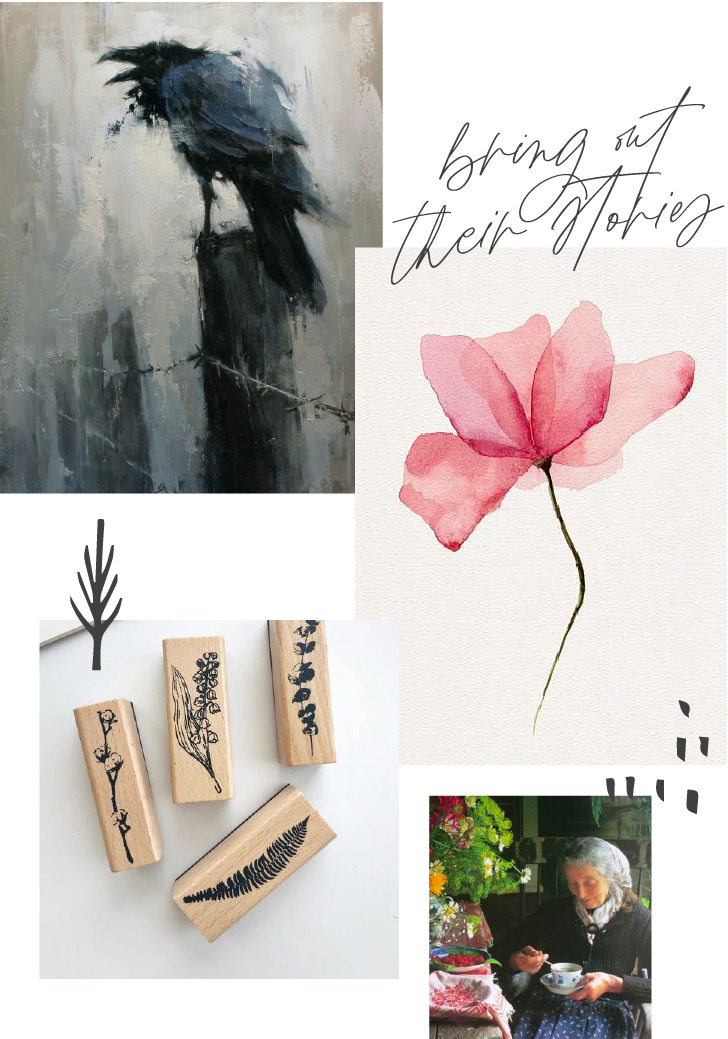 inspiration board with a raven, watercolor flowers, botanical rubber stamps, and simple living